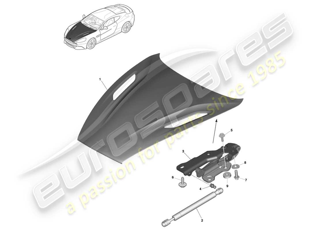 aston martin vanquish (2013) diagramme des pièces du capot et des charnières