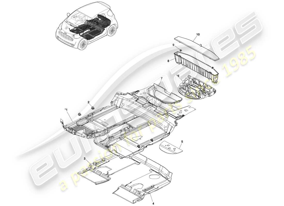 aston martin cygnet (2012) schéma des pièces de la garniture du plancher principal