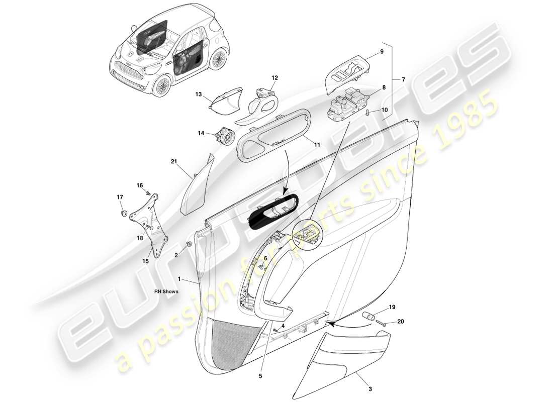 aston martin cygnet (2012) schéma des pièces du panneau de garniture de porte avant