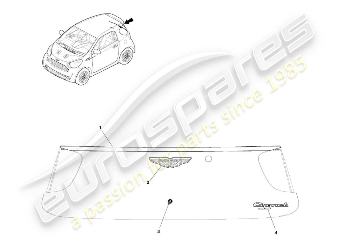 aston martin cygnet (2012) schéma des pièces de garniture et d'ornementation extérieures du hayon