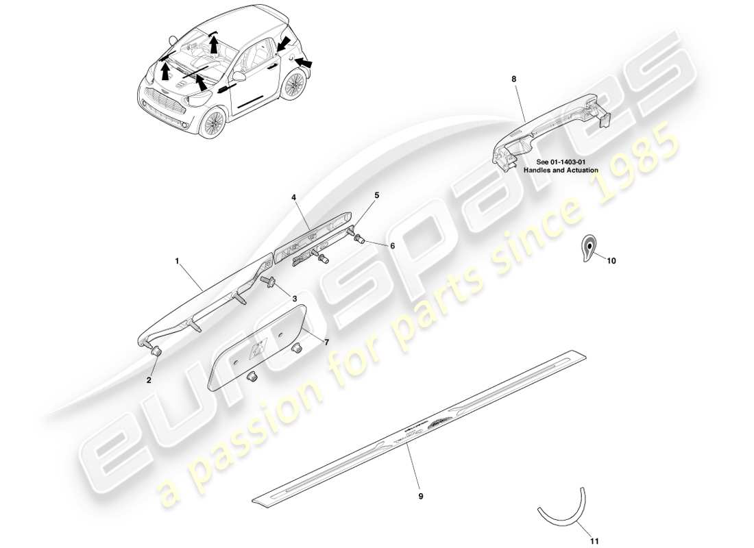 aston martin cygnet (2012) diagramme des pièces d'ornementation des côtés et des quartiers de la carrosserie
