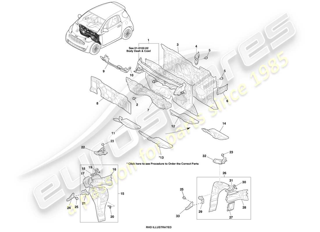 aston martin cygnet (2012) diagramme des pièces du tablier et du tableau de bord de l'aile avant