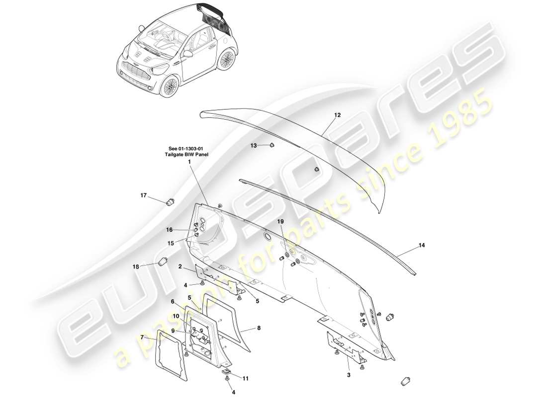 aston martin cygnet (2012) panneaux et fixations de hayon schéma des pièces