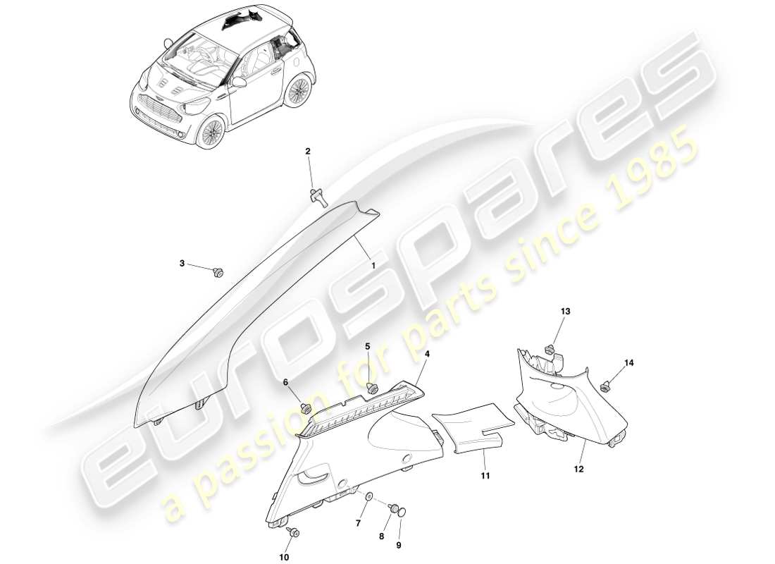 aston martin cygnet (2012) diagramme de la pièce de garniture du pilier supérieur