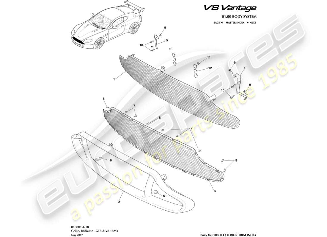 aston martin v8 vantage (2017) grille de radiateur, gt8 et v8 18my schéma des pièces