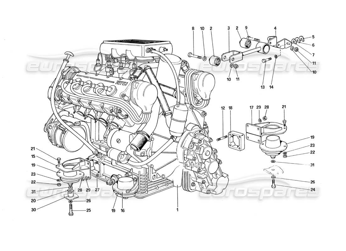 ferrari 328 (1985) moteur - schéma des pièces de la boîte de vitesses et des supports