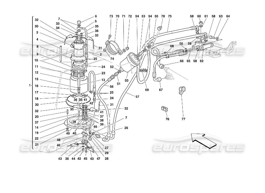 ferrari 355 (2.7 motronic) schéma des pièces de la pompe à carburant et des tuyaux