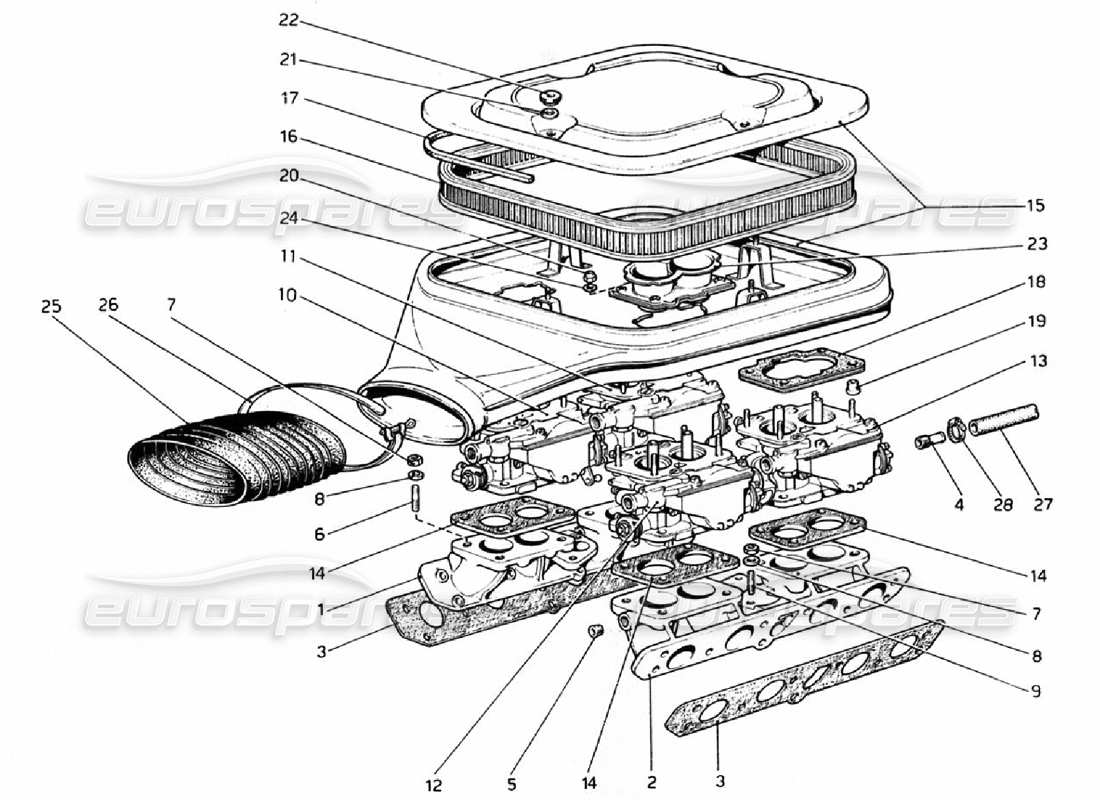 ferrari 308 gtb (1976) schéma des pièces des carburateurs et du filtre à air