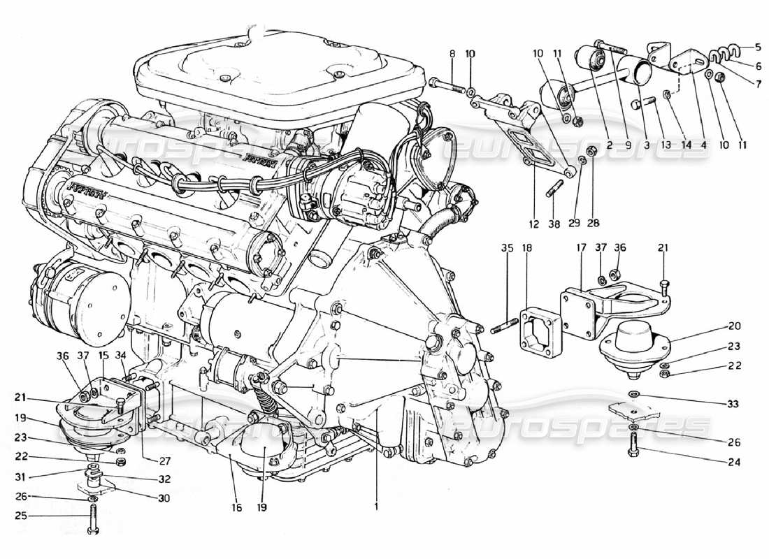 ferrari 308 gtb (1976) moteur - schéma des pièces de la boîte de vitesses et des supports