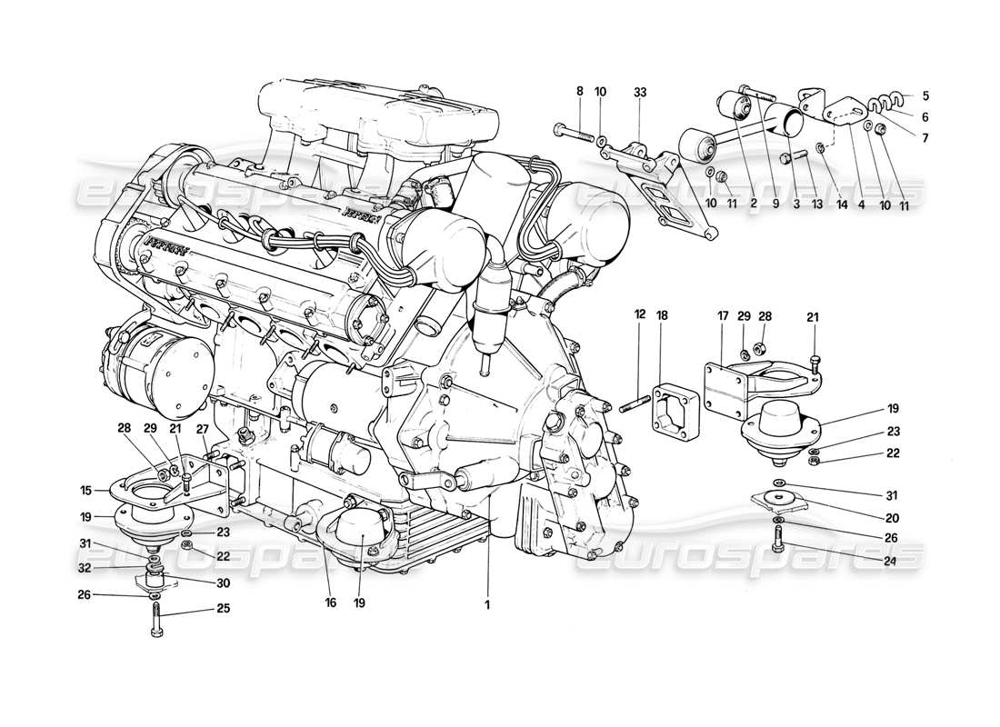 ferrari mondial 8 (1981) moteur - schéma des pièces de la boîte de vitesses et des supports