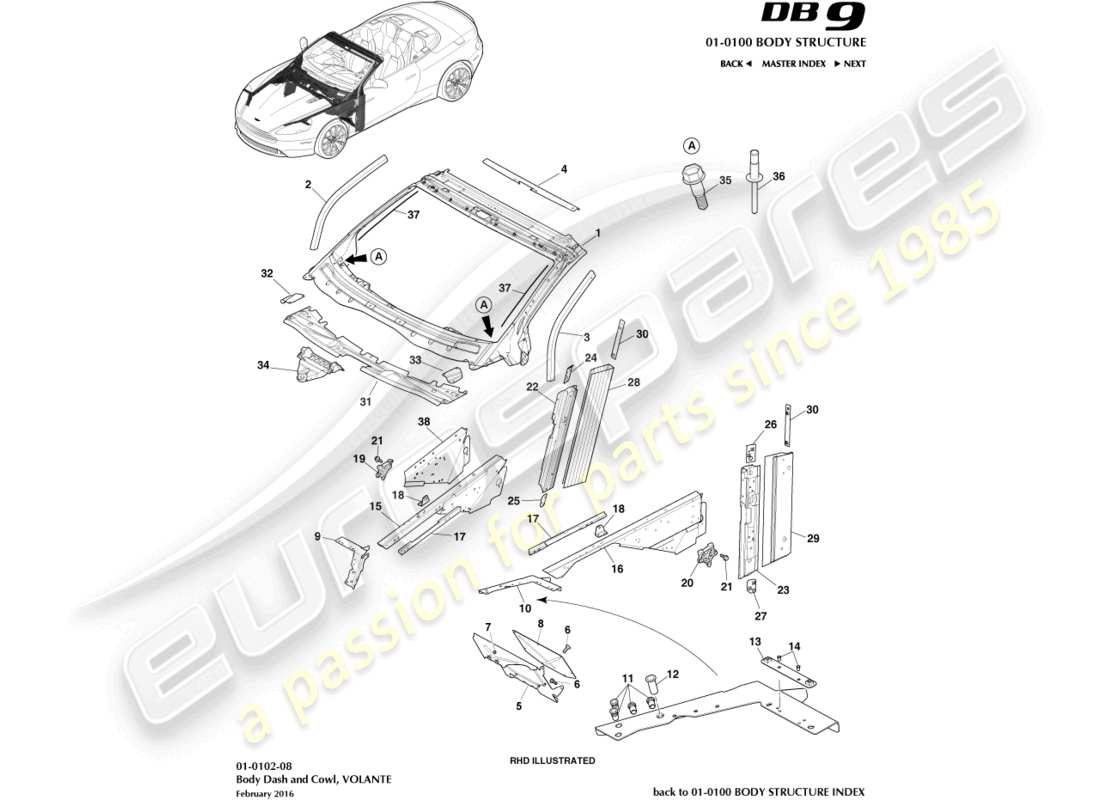 un schéma de pièces du catalogue de pièces aston martin db9 (2013)