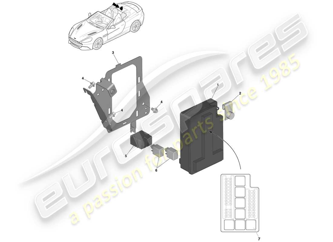 aston martin vanquish (2013) diagramme des pièces de la boîte à fusibles du compartiment de charge