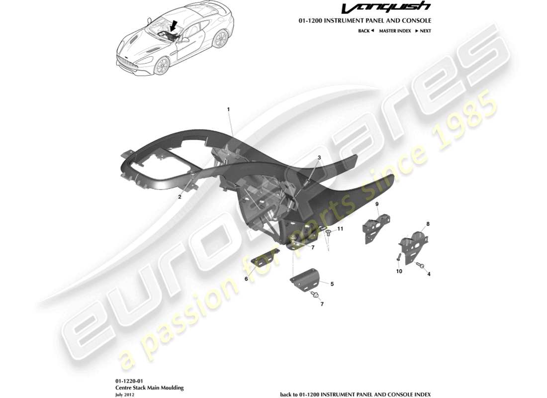 aston martin vanquish (2015) diagramme des pièces de moulage de la console centrale