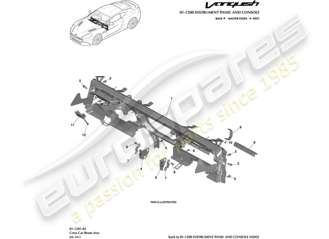 aston martin vanquish (2016) diagramme des pièces des poutres transversales ip