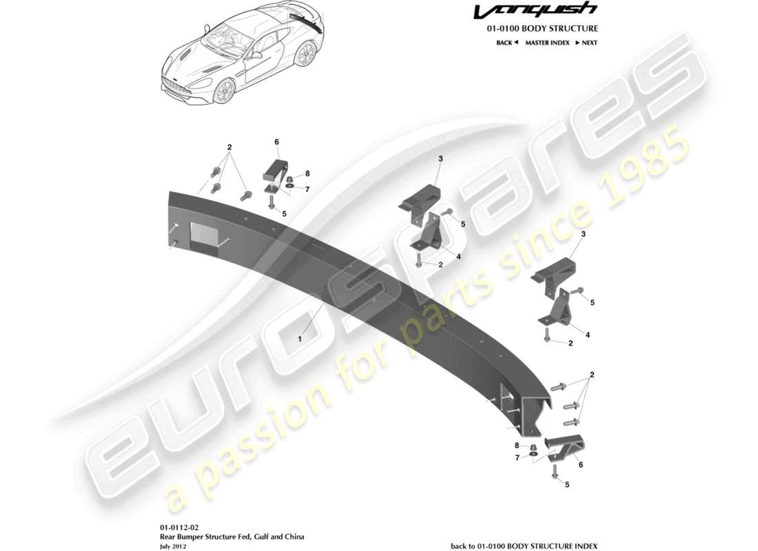 aston martin vanquish (2016) structure de pare-chocs arrière, fed, gcc, schéma de pièces en chine