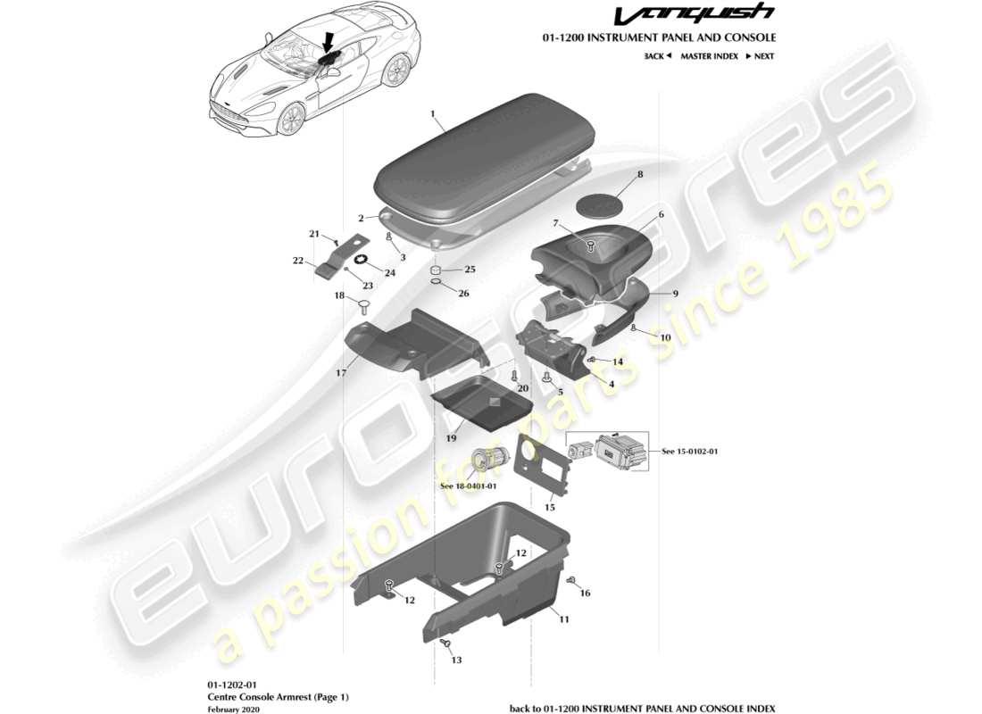 aston martin vanquish (2018) accoudoir de la console centrale, page 1 schéma des pièces