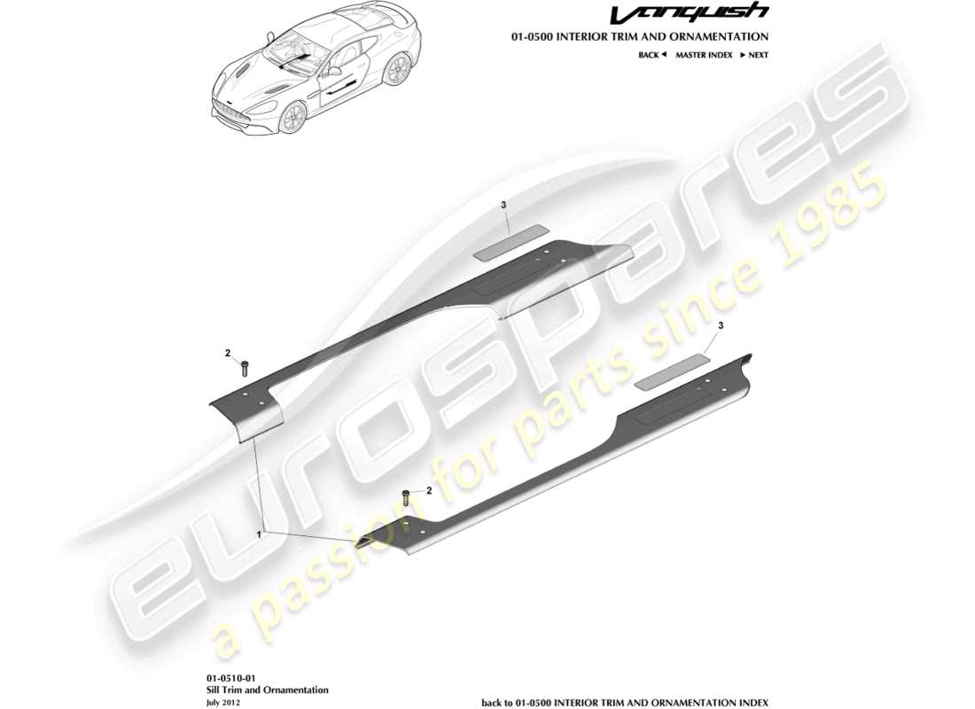 aston martin vanquish (2015) garniture et ornementation des seuils schéma des pièces