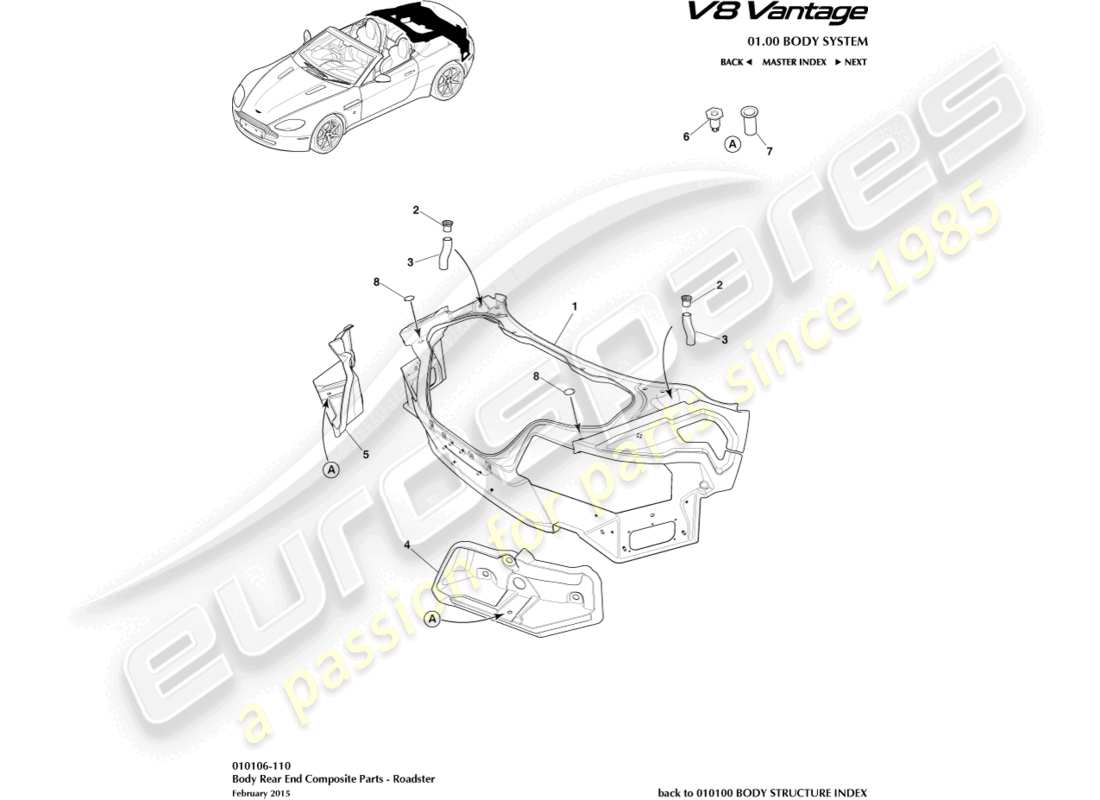 aston martin v8 vantage (2008) carrosserie arrière composite, diagramme des pièces du roadster