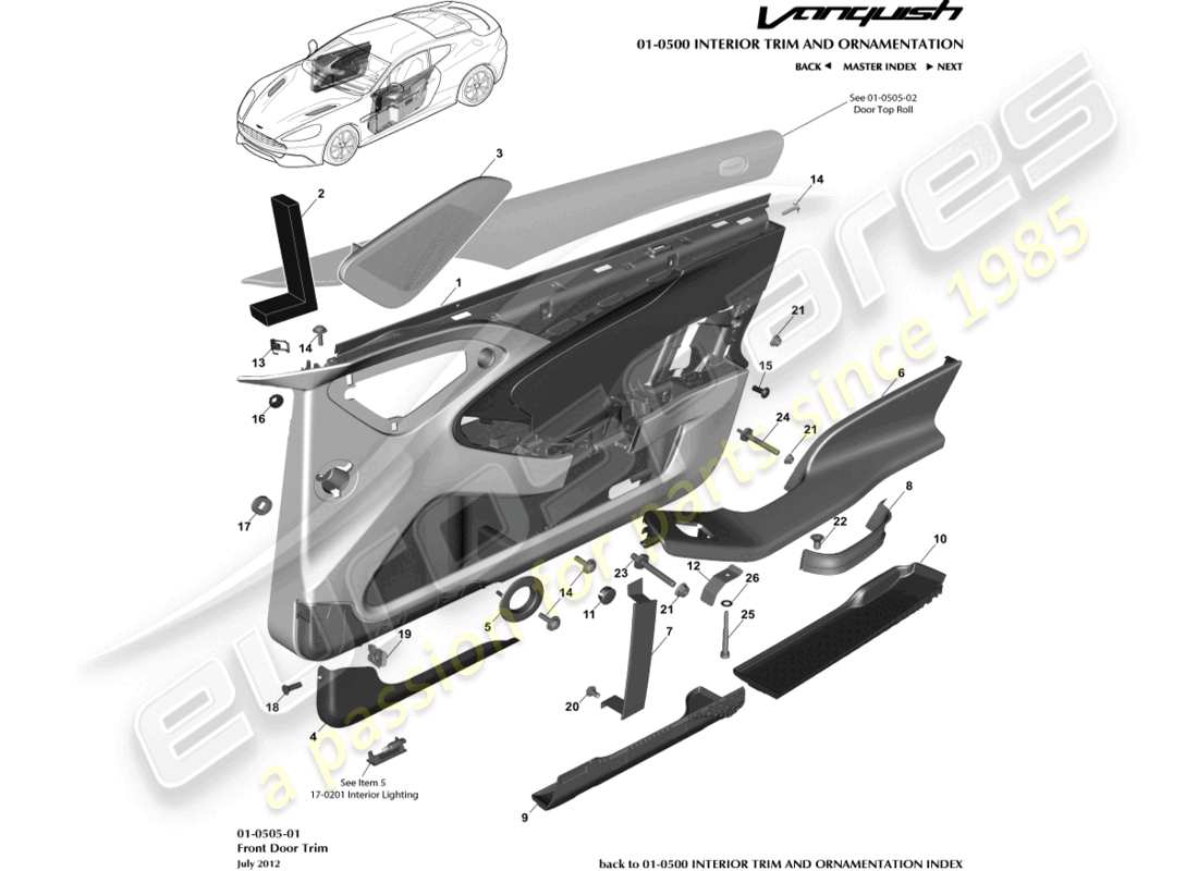 aston martin vanquish (2017) panneau de garniture de porte avant schéma des pièces