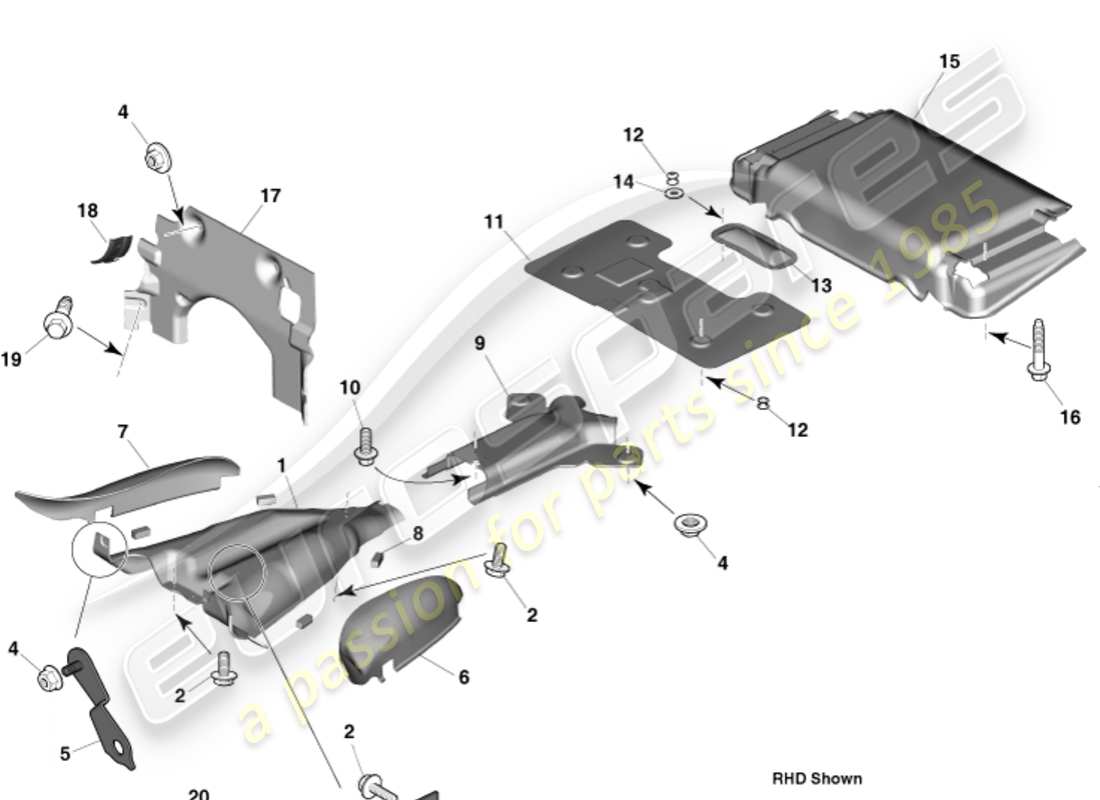 aston martin vanquish (2015) isolation thermique, diagramme des pièces d'ajustement du véhicule