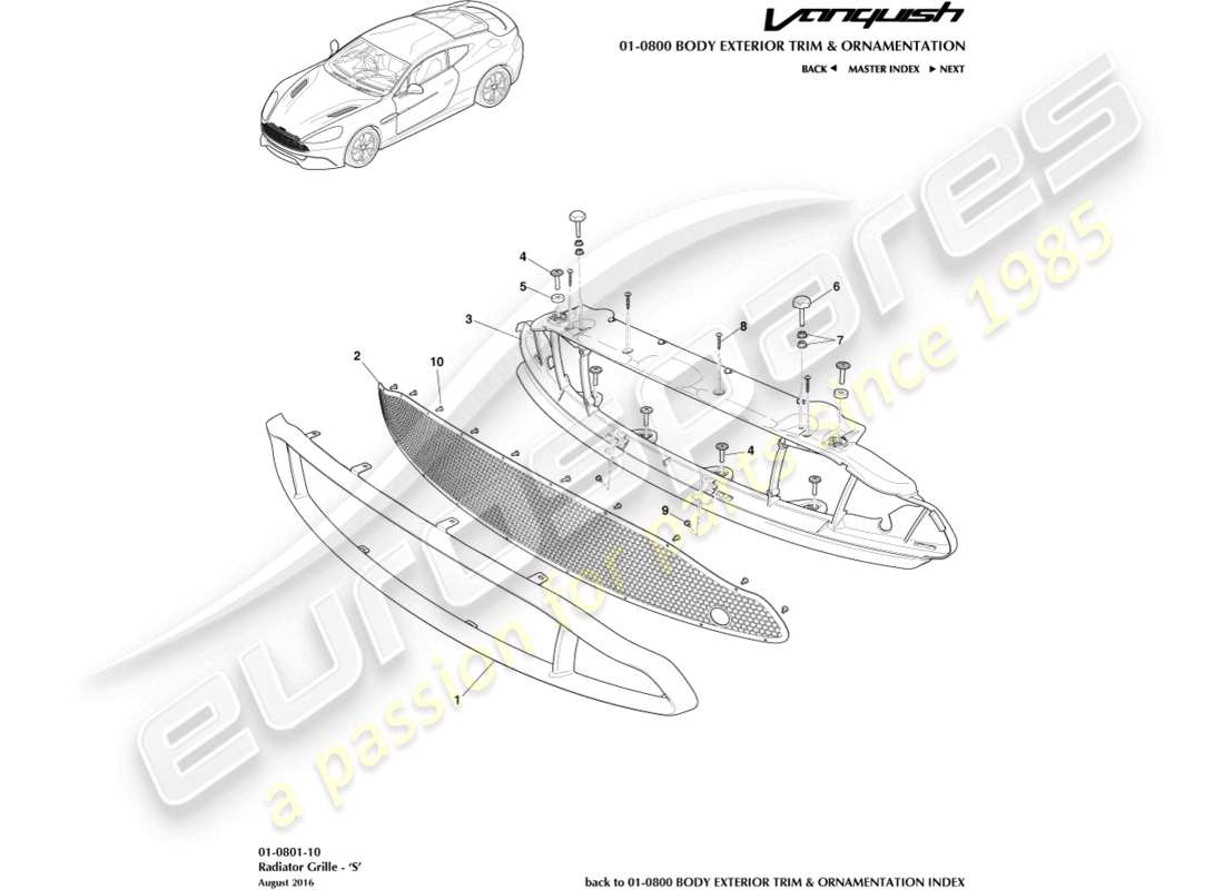 aston martin vanquish (2015) grille de radiateur, schéma des pièces s
