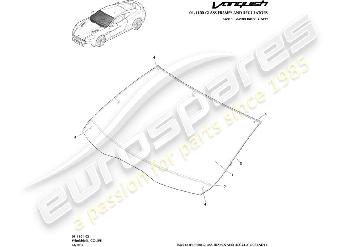aston martin vanquish (2015) diagramme de pièce de pare-brise, coupé