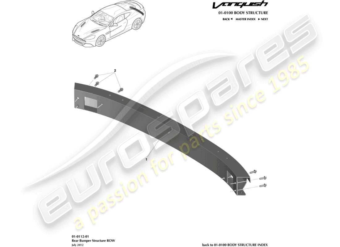 aston martin vanquish (2015) structure du pare-chocs arrière, diagramme des pièces de l'emprise