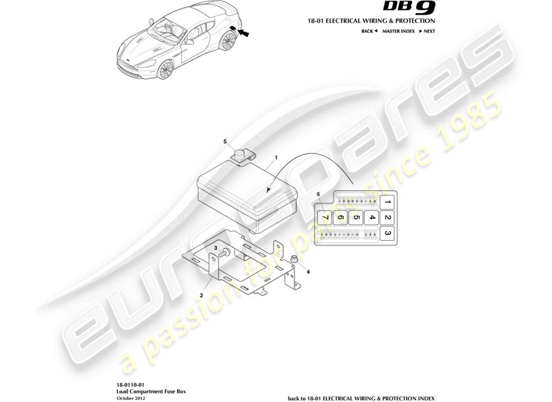 aston martin db9 (2016) diagramme des pièces de la boîte à fusibles du compartiment de chargement