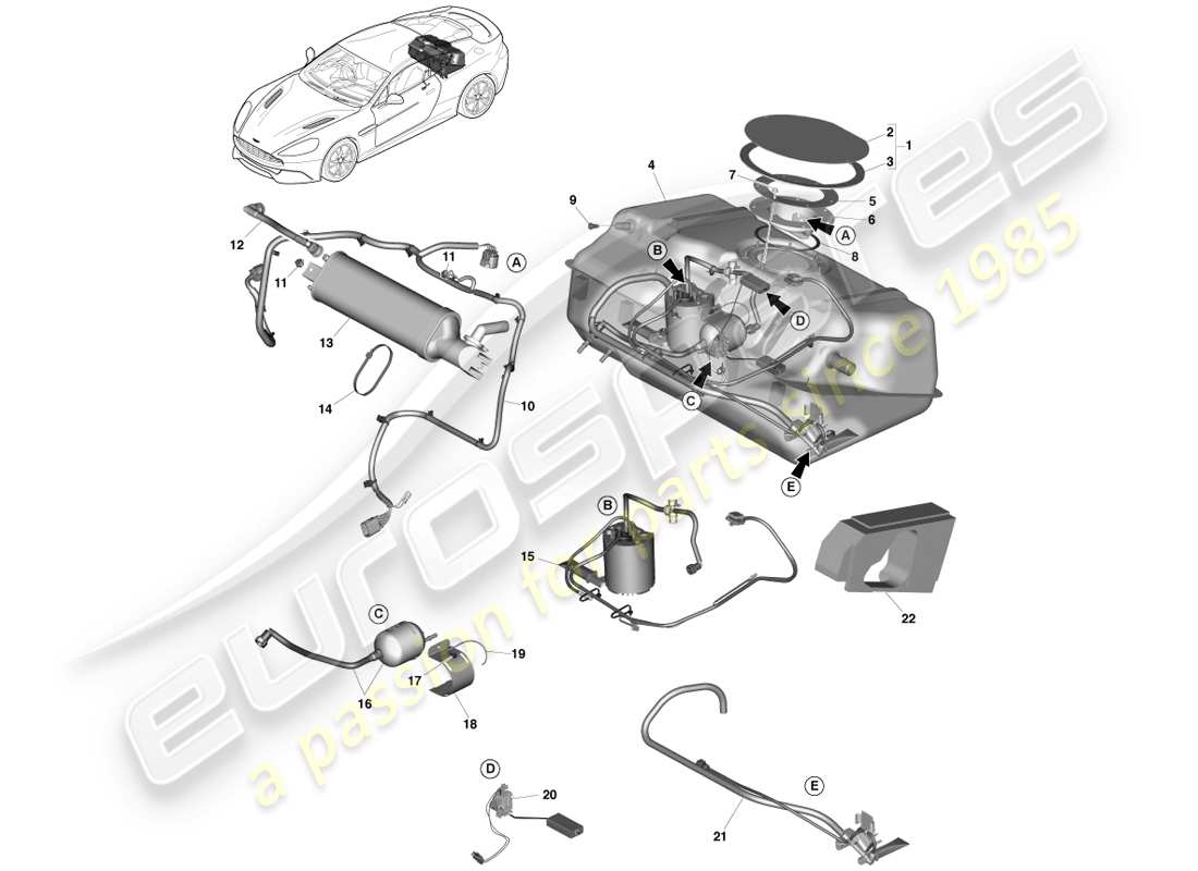 aston martin vanquish (2014) schéma des pièces de l'ensemble de réservoir de carburant