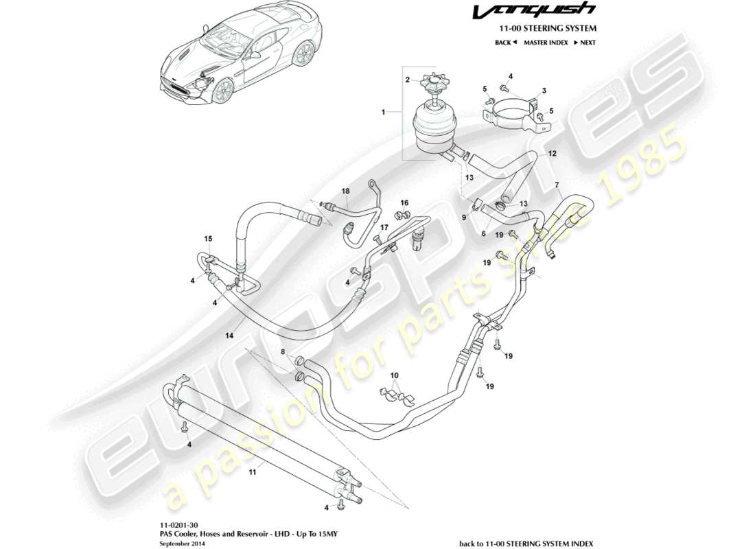 aston martin vanquish (2016) tuyaux pas, lhd à 15my diagramme de pièce