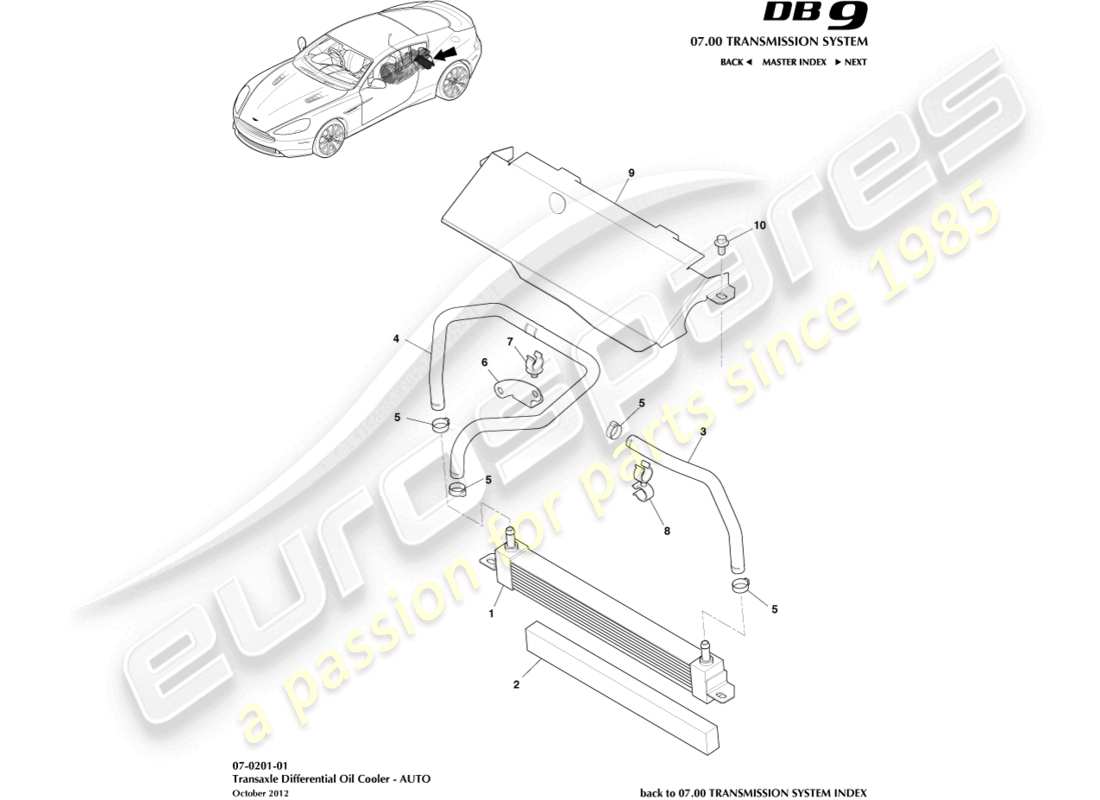 aston martin db9 (2013) schéma des pièces du refroidisseur d'huile de transmission