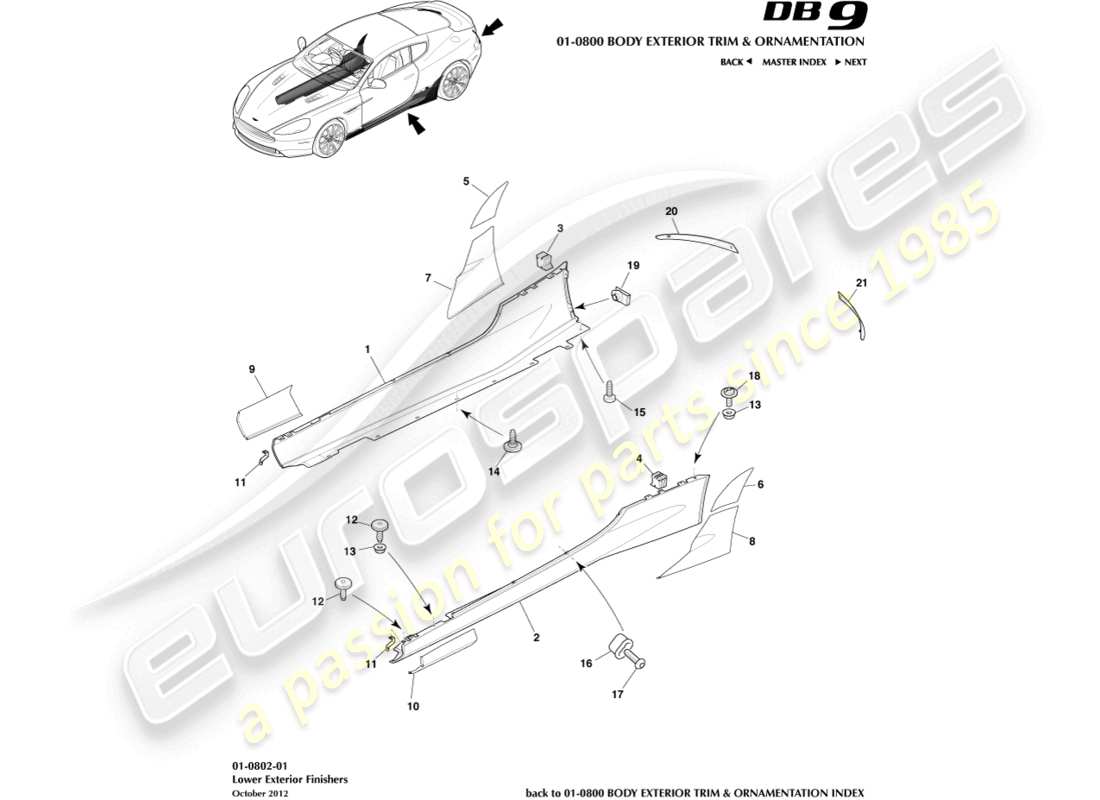aston martin db9 (2013) schéma des pièces des finitions extérieures inférieures