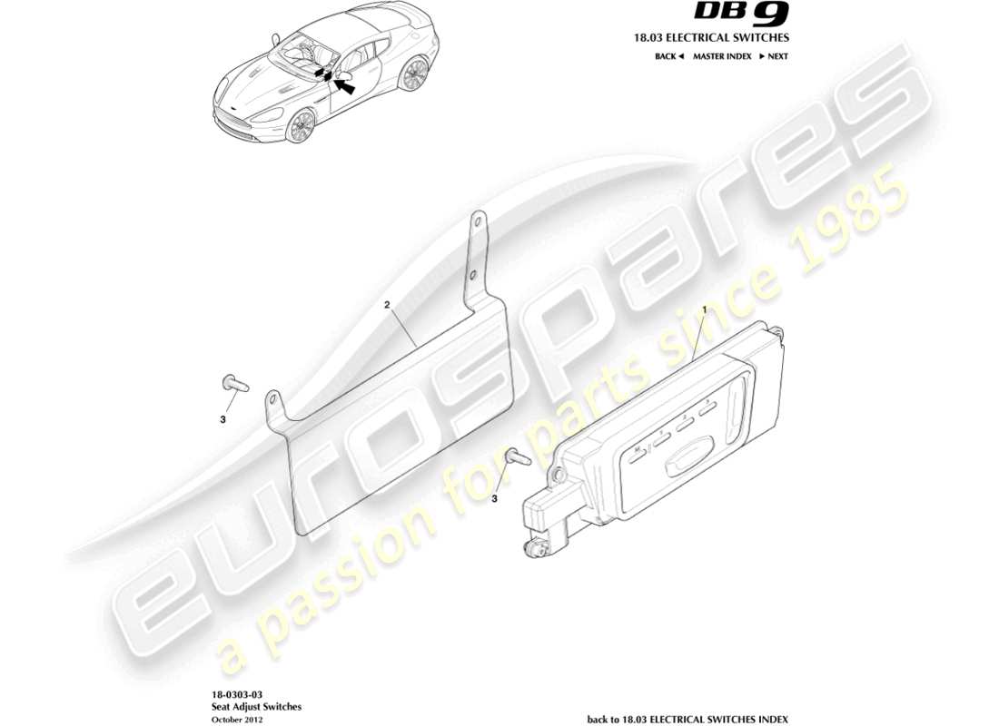 aston martin db9 (2013) schéma des pièces des commutateurs de réglage du siège