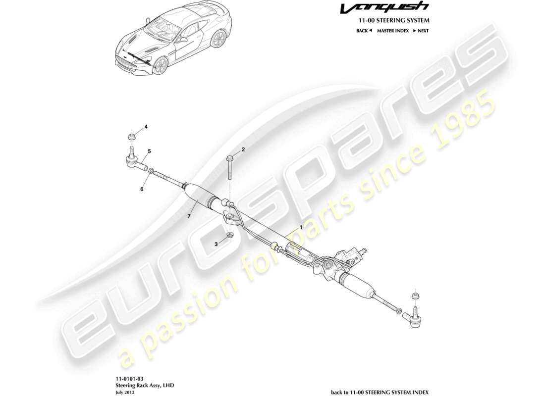 aston martin vanquish (2017) crémaillère de direction, diagramme de pièces lhd