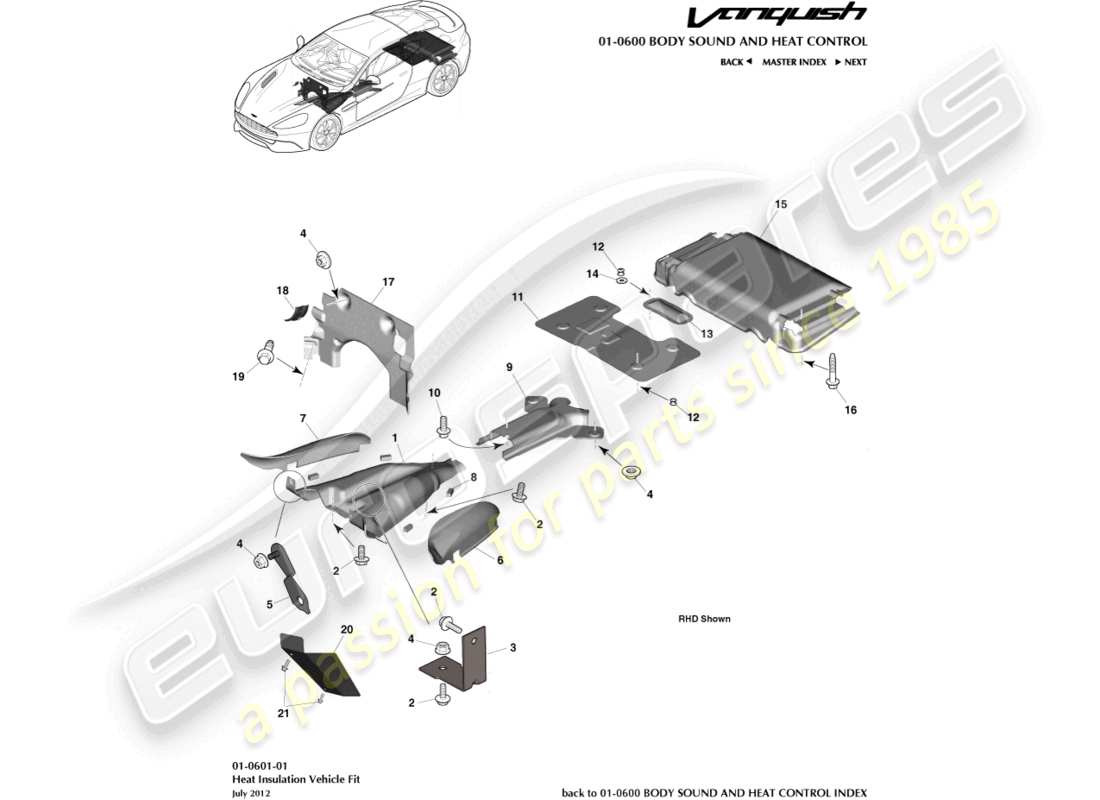 aston martin vanquish (2016) isolation thermique, ajustement du véhicule schéma des pièces