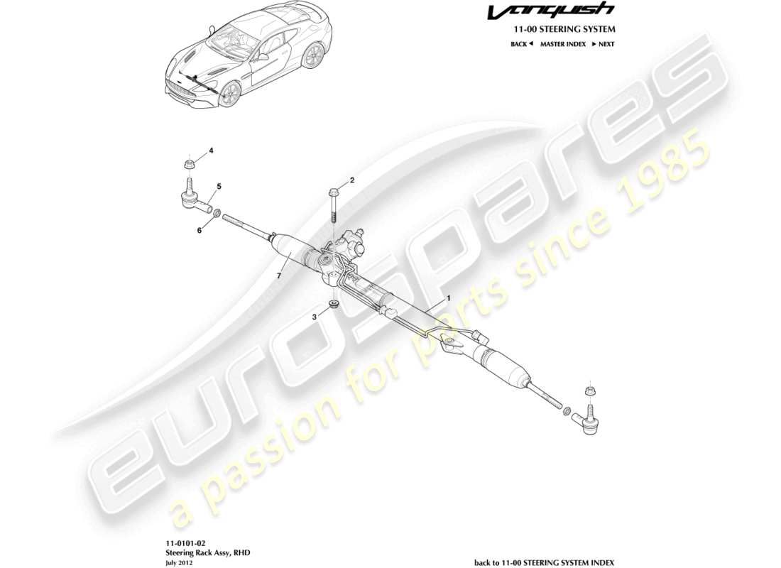 aston martin vanquish (2016) crémaillère de direction, diagramme de pièces rhd