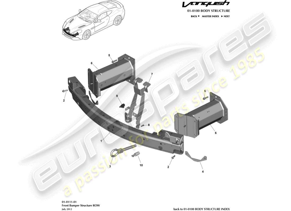 aston martin vanquish (2018) structure du pare-chocs avant, diagramme des pièces de l'emprise