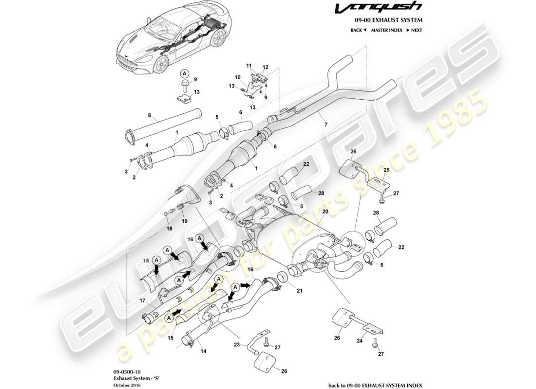 aston martin vanquish (2017) système d'échappement, diagramme des pièces s