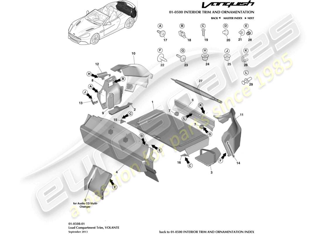 aston martin vanquish (2016) garniture du compartiment de chargement, volante schéma des pièces