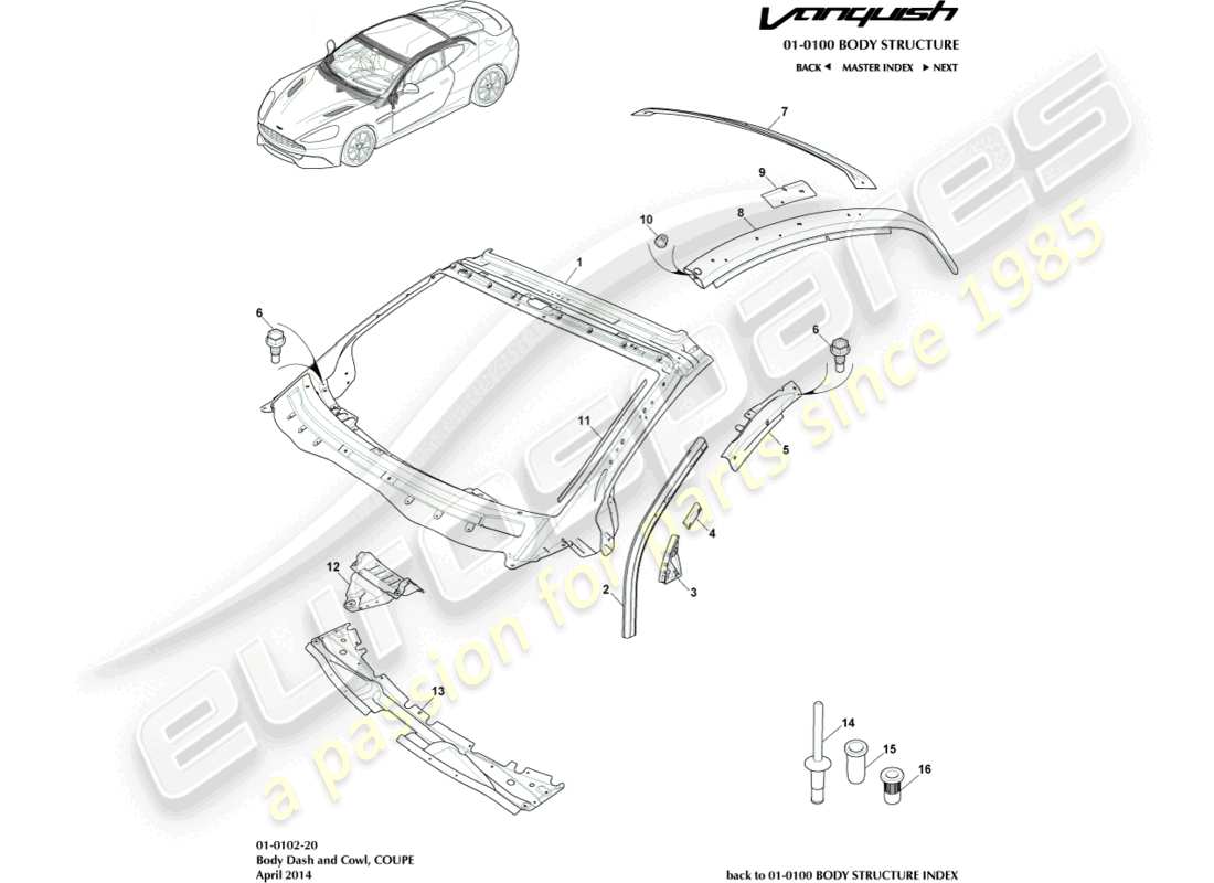 aston martin vanquish (2016) tableau de bord et capot de carrosserie, diagramme de pièce du coupé
