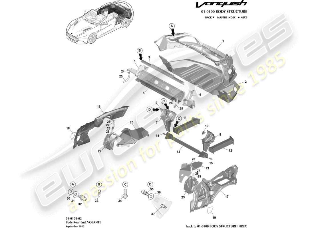 aston martin vanquish (2016) partie arrière de la carrosserie, diagramme de pièces volante