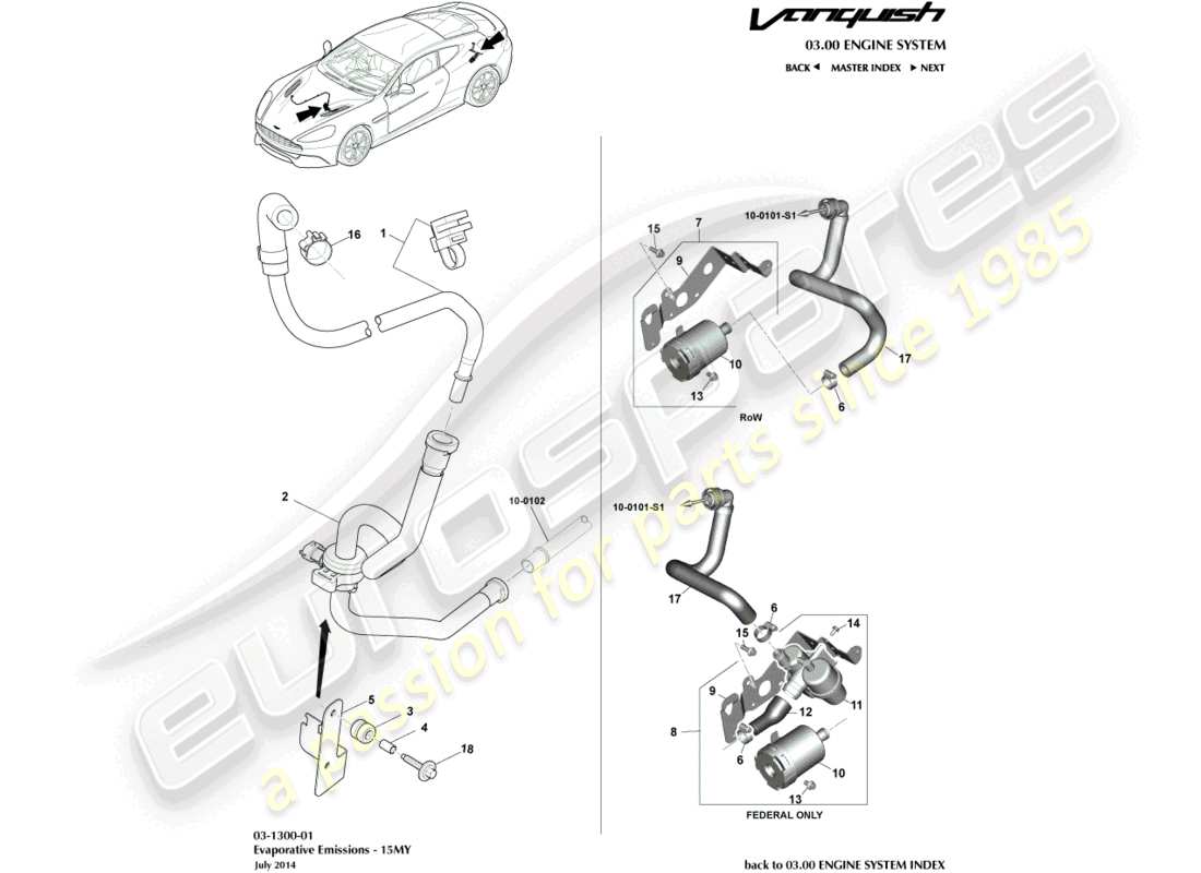 aston martin vanquish (2016) émissions par évaporation, diagramme de pièces 15my