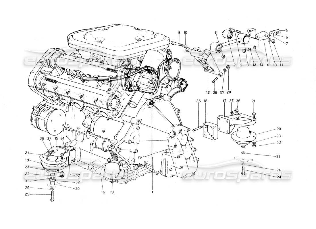 ferrari 308 gt4 dino (1979) moteur - schéma des pièces de la boîte de vitesses et des supports