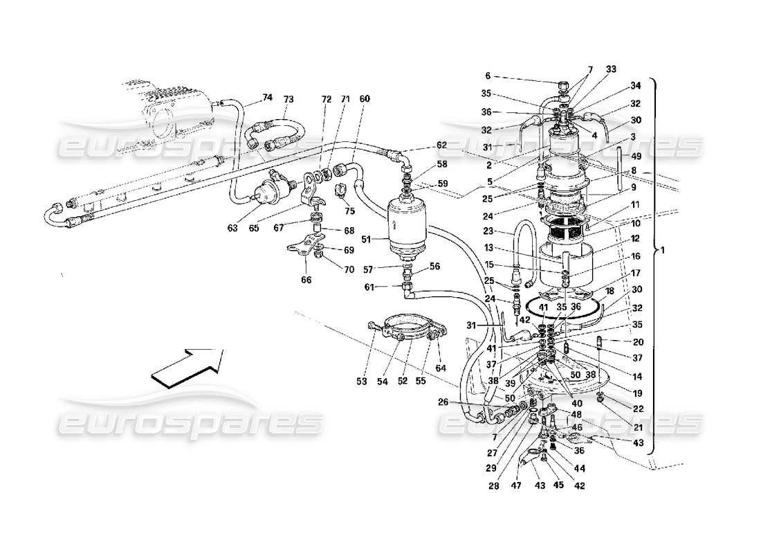 ferrari 348 (2.7 motronic) schéma des pièces de la pompe à carburant et des tuyaux
