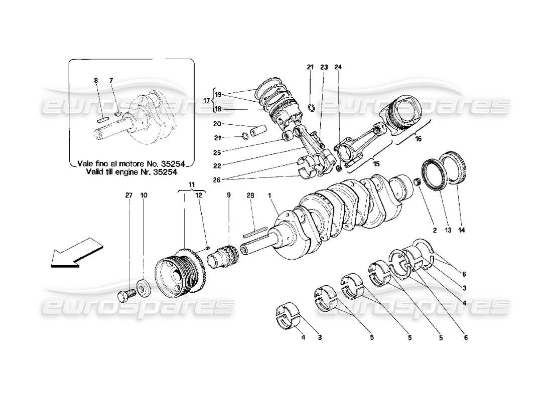 ferrari 348 (2.7 motronic) diagramme des pièces du vilebrequin, des bielles et des pistons