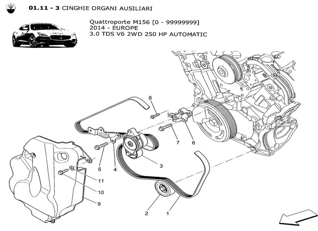 maserati qtp. v6 3.0 tds 250bhp 2014 schéma des pièces des ceintures des dispositifs auxiliaires