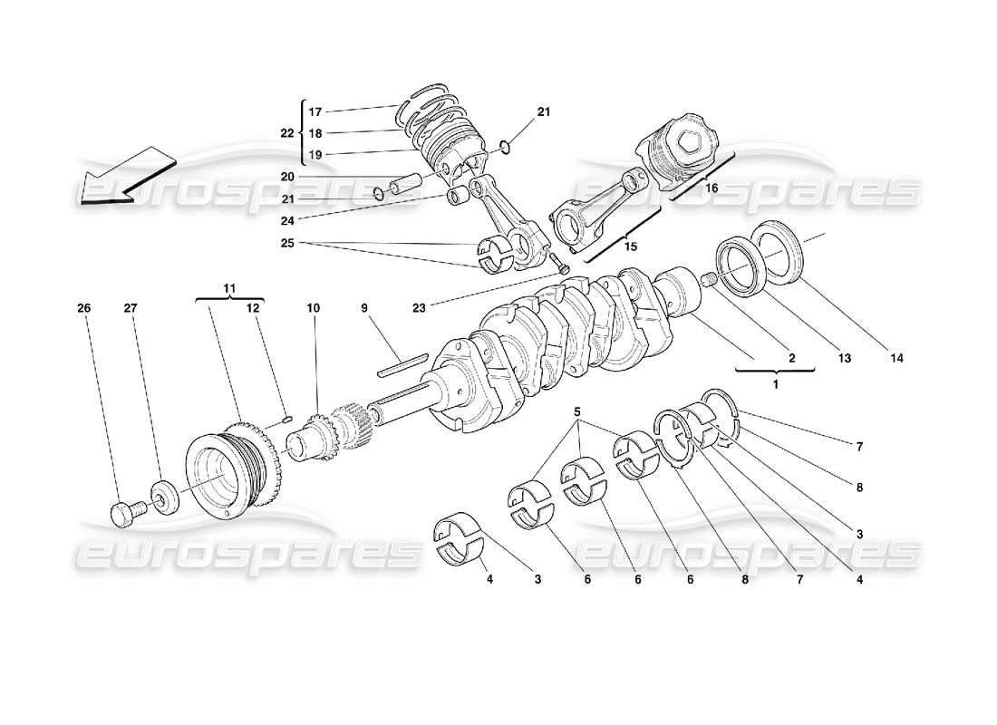 ferrari 355 (2.7 motronic) diagramme des pièces du vilebrequin, des bielles et des pistons