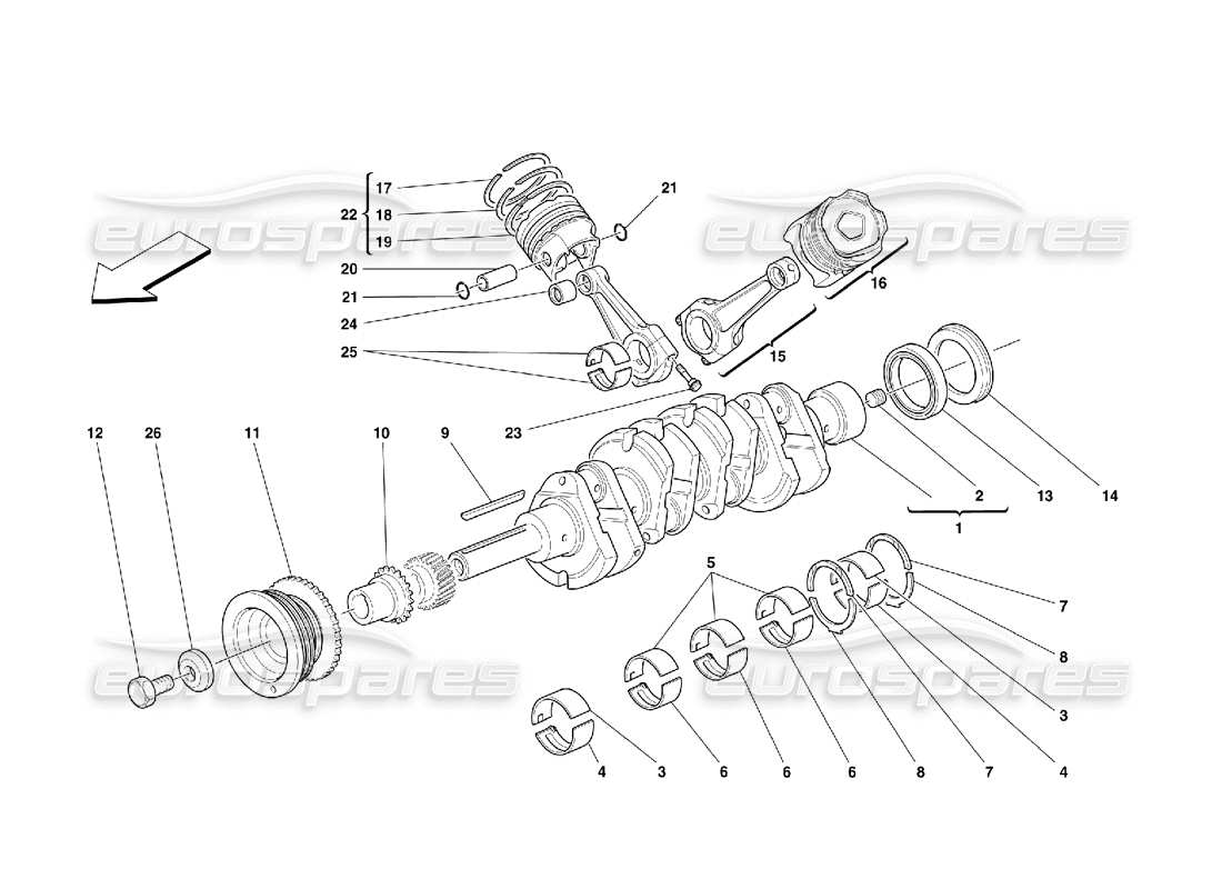 ferrari 355 (5.2 motronic) diagramme des pièces du vilebrequin, des bielles et des pistons