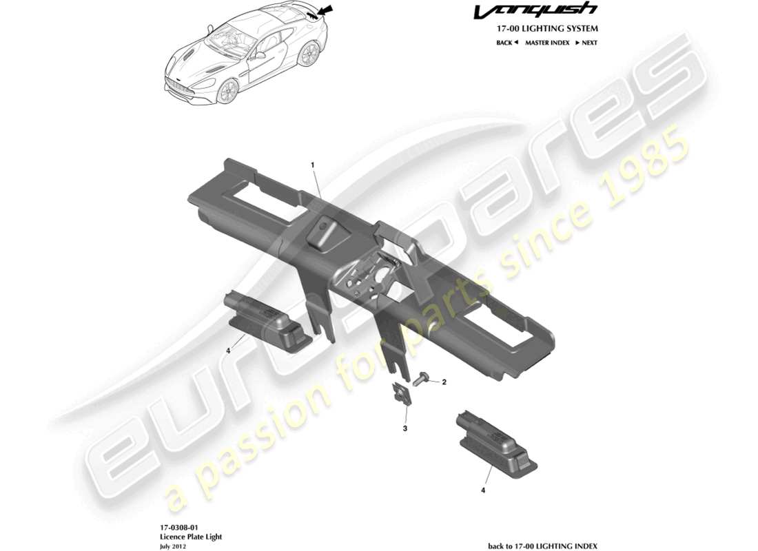 aston martin vanquish (2015) lampes de plaque d'immatriculation schéma des pièces
