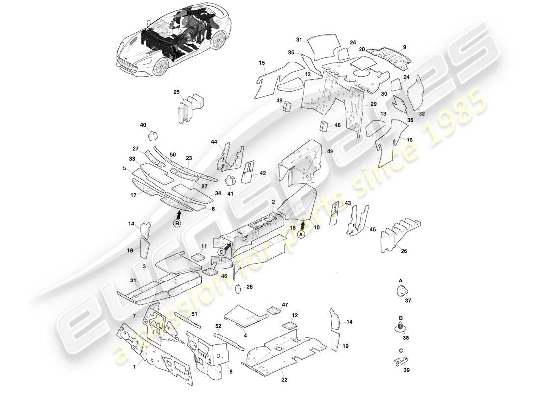 aston martin vanquish (2014) plaquettes nvh, diagramme de pièce du coupé